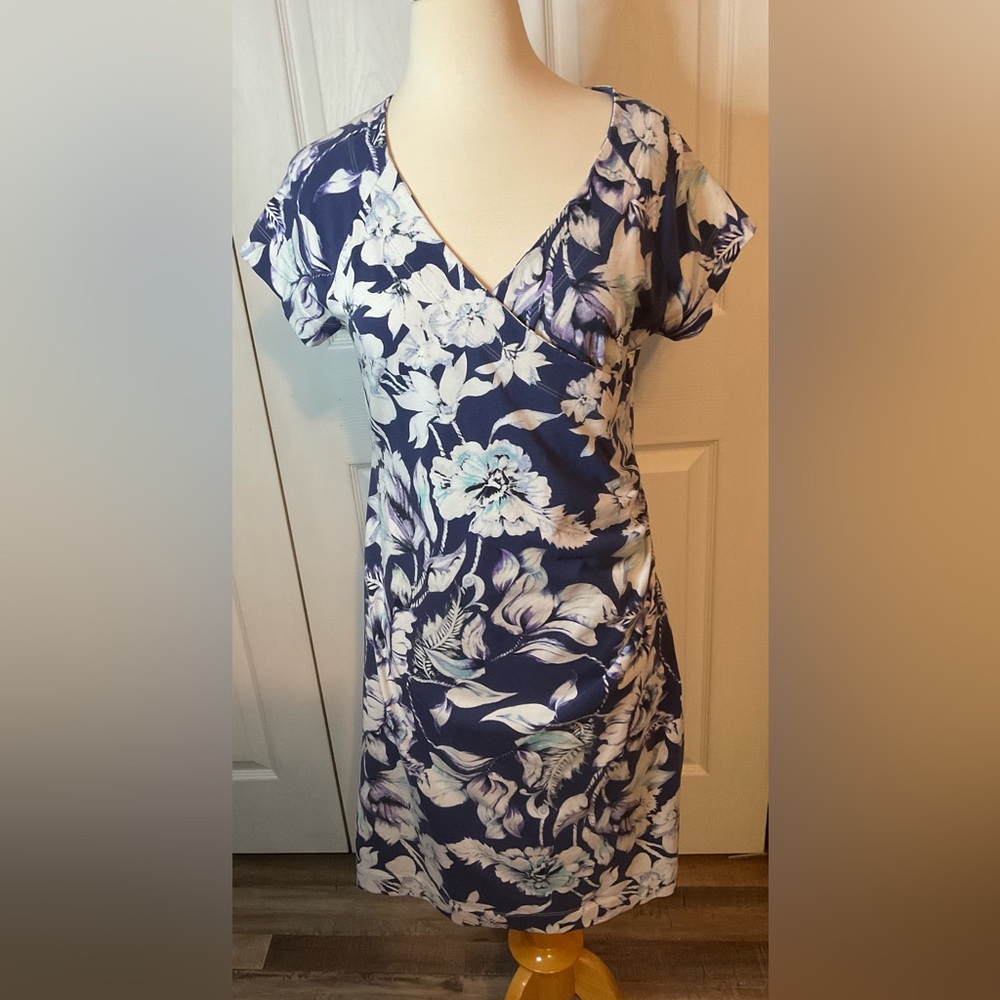 Soft Surroundings‎ Cotton Short Sleeve Blue Floral Wrap Dress Medium